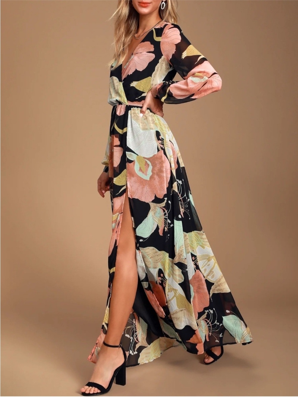 LASTCALL
Floral Wrap Maxi Dress - Black with Peach & Mint